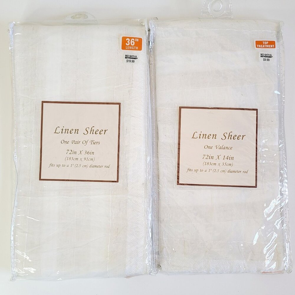 Linen Sheer Curtains Set: 72"x36" Panel Tiers 72"x14" Valance Polyester Ivory